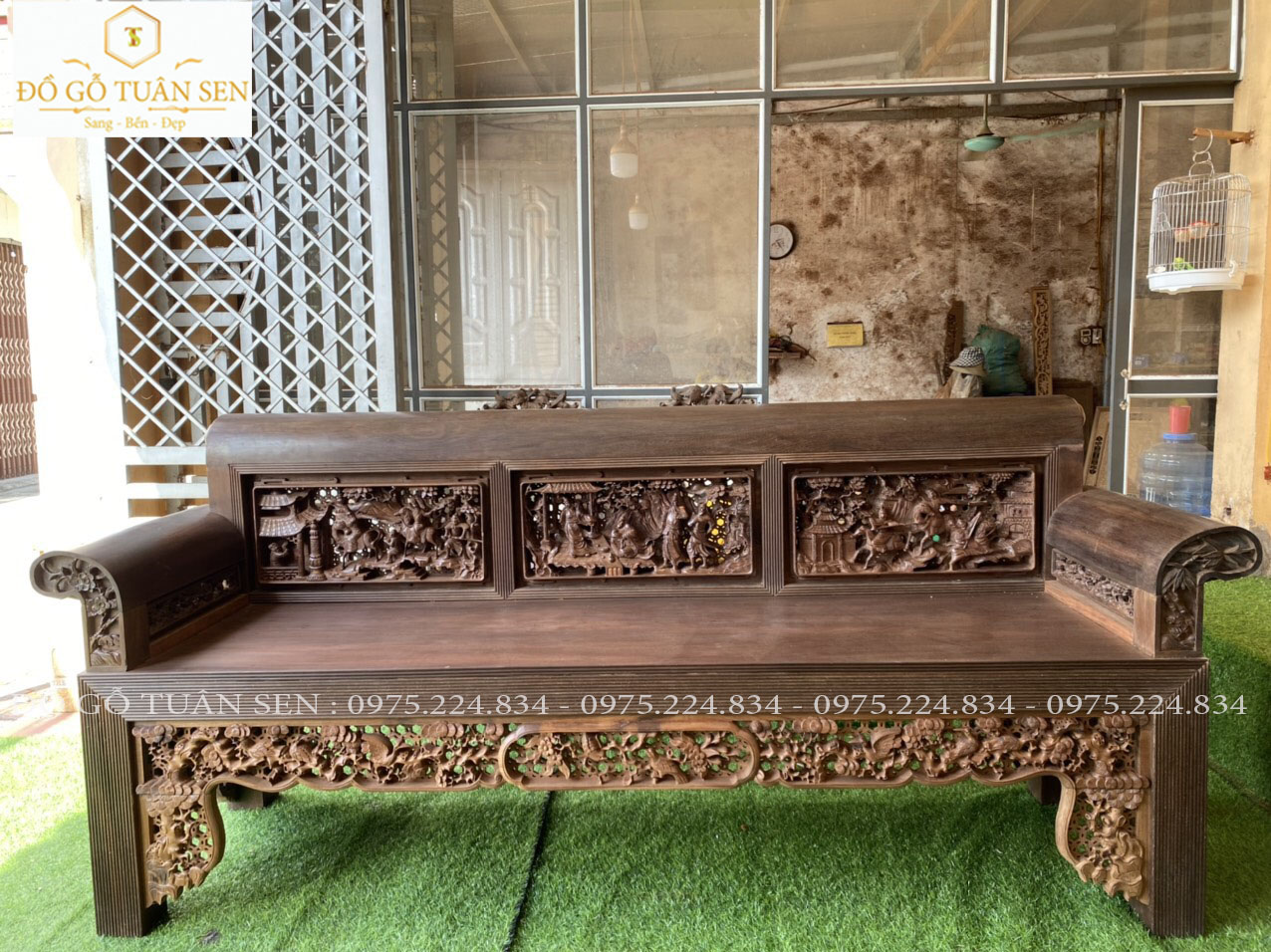 Hinh ảnh chi tiết bộ trường kỷ đục tích gỗ gụ ta cũ 